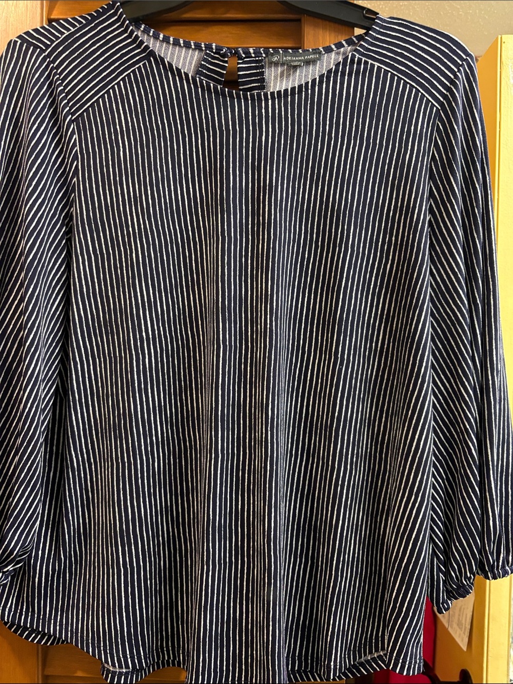Adrianna Papell Navy and White Striped Long Sleeve Blouse